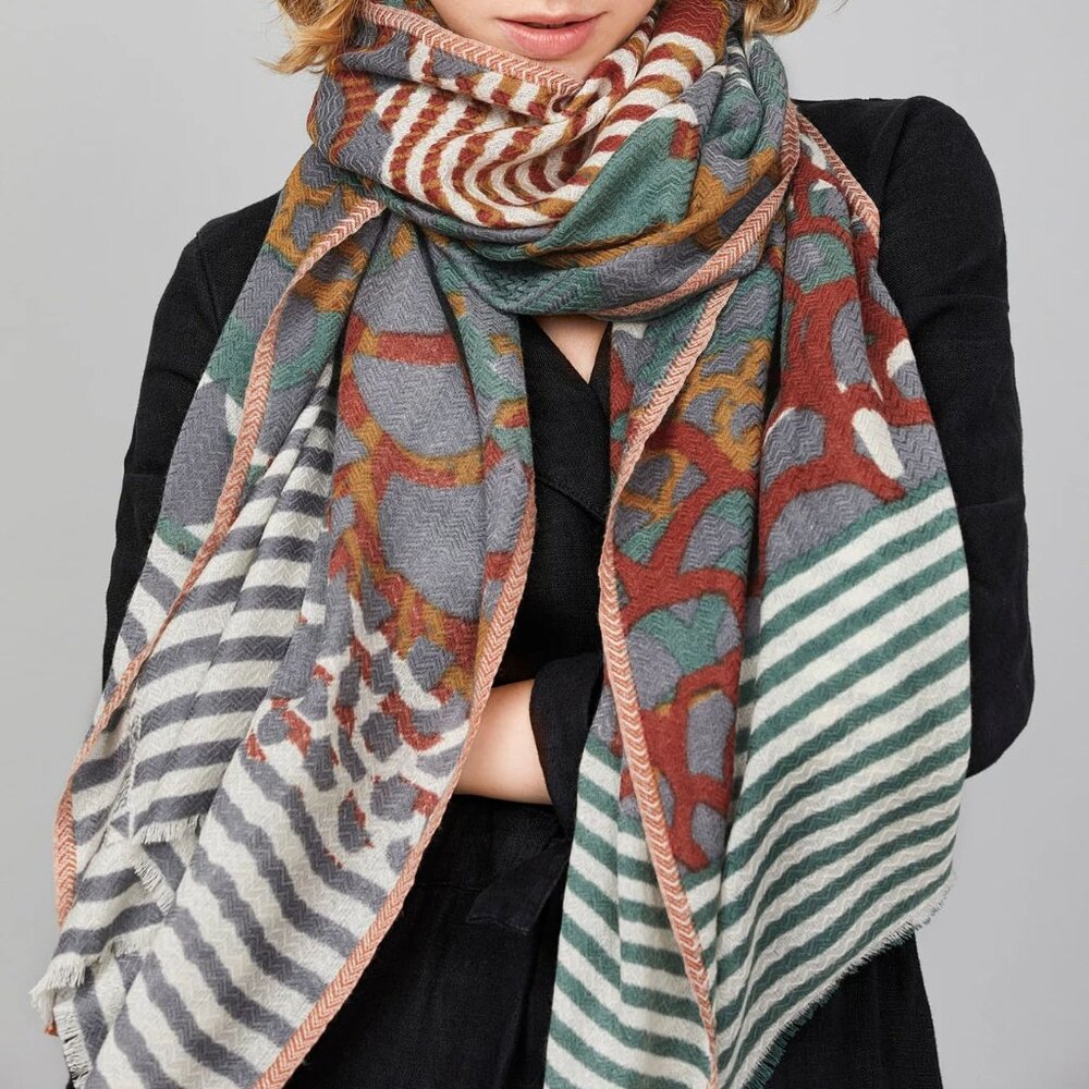 PRINCESSE ET DRAGON - Olive green and saffron yellow merino wool scarf - Céleste